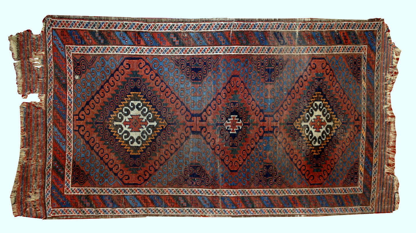Hand made antique collectible Afghan Baluch rug 1900s