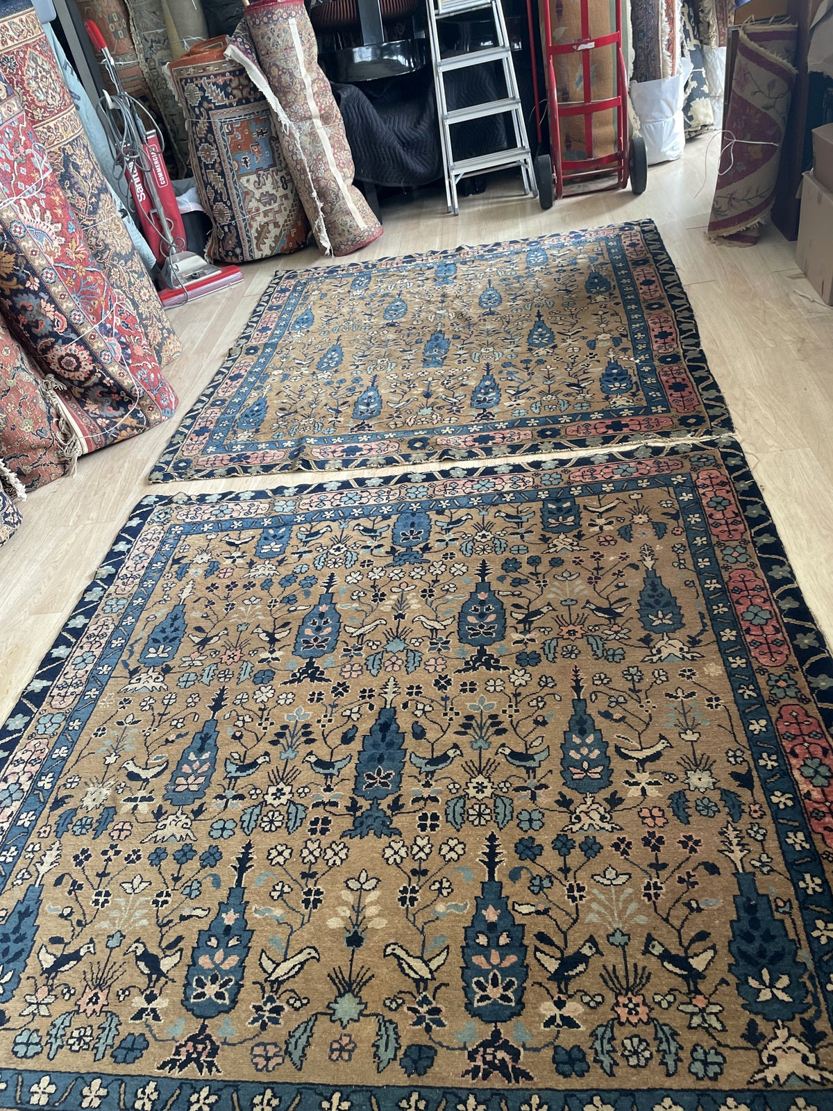 Detail of a white dove in flight on an 1880s Indian millefleurs rug, with symbolic resonance as a messenger between earthly and divine in Indian weaving tradition.

