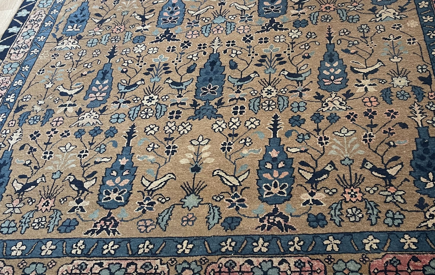 Antique square Indian Agra rug measuring 6' x 6' with a rare square format, featuring a midnight navy main border with sinuous floral vine scroll and a blush pink inner guard border.

