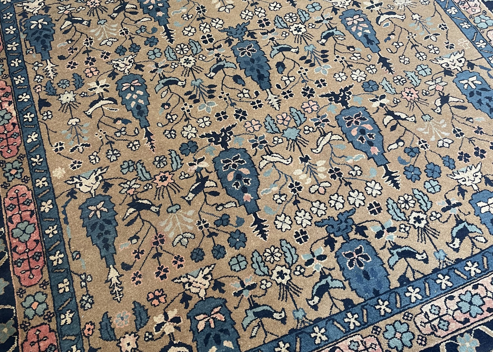 Antique hand-spun wool rug from Agra, India, circa 1880s, with a luminous golden tobacco field that has achieved warm depth through 140 years of natural oxidation.

