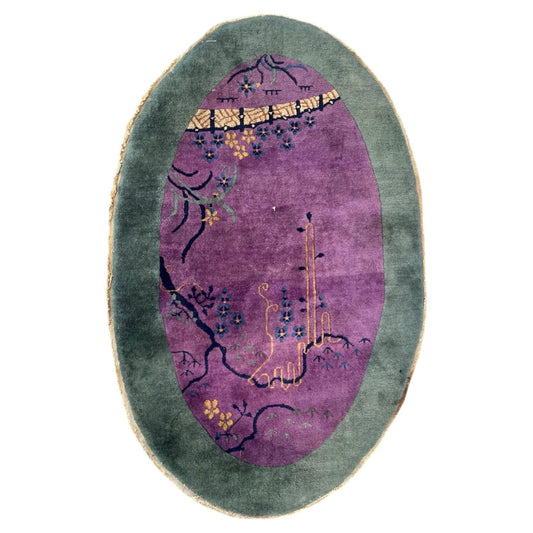 1920s Chinese Art Deco oval wool rug featuring purple and green color palette