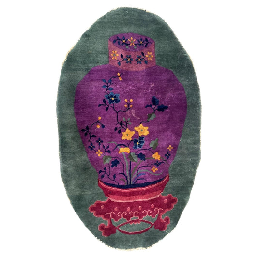 Full oval Chinese Art Deco rug with purple floral vase and red stand, 1B1006