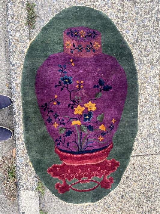 Purple floral vase and green ground on antique Chinese wool rug 1B1006