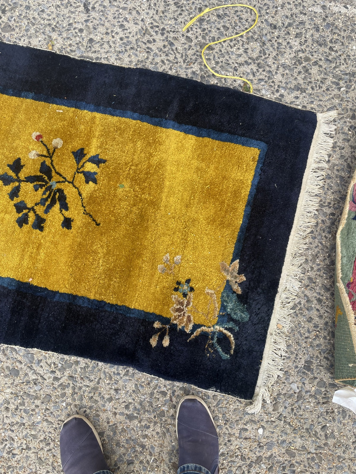 Central dark flowering branch and pale corner blossoms against a gold field