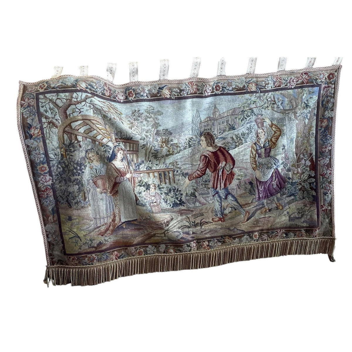 Belgian pastoral wool tapestry 1B1011 with floral border and lower fringe