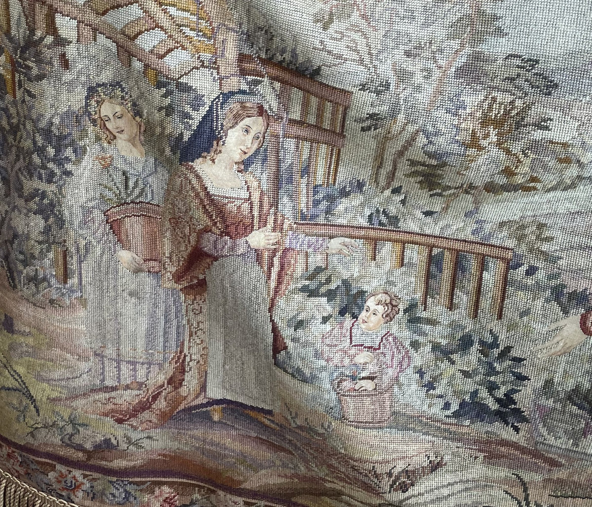 Historical figures beside a wooden fence in the pastoral scene