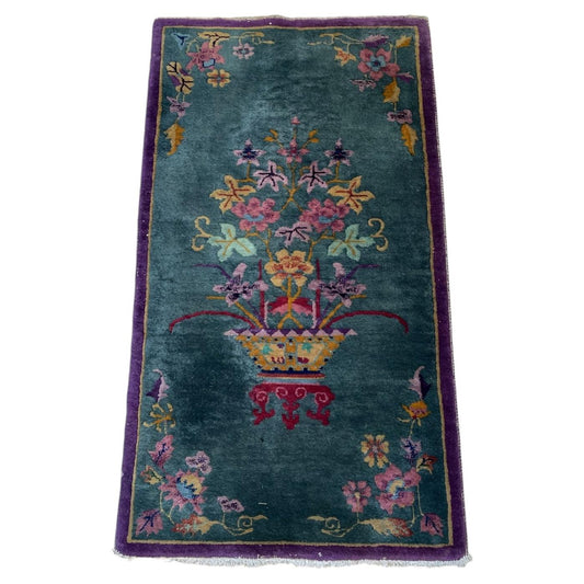 Chinese Art Deco wool rug 1B1014 with floral basket on a teal ground