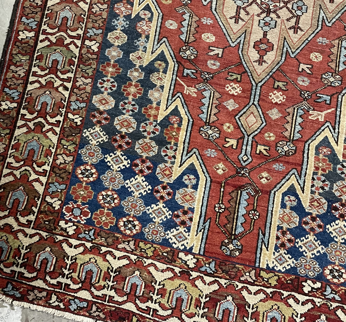 Close-up of geometric blossoms within a deep blue side panel
