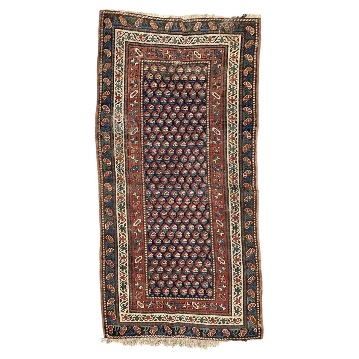 Antique Caucasian Gendje wool rug with repeating boteh on a navy field