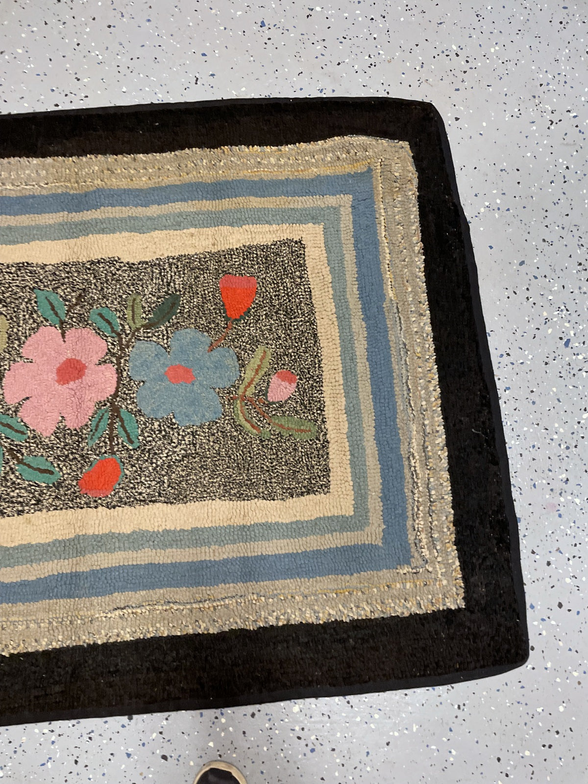 Blue flower and pink blossom beside cream, sage and dusty blue border bands.