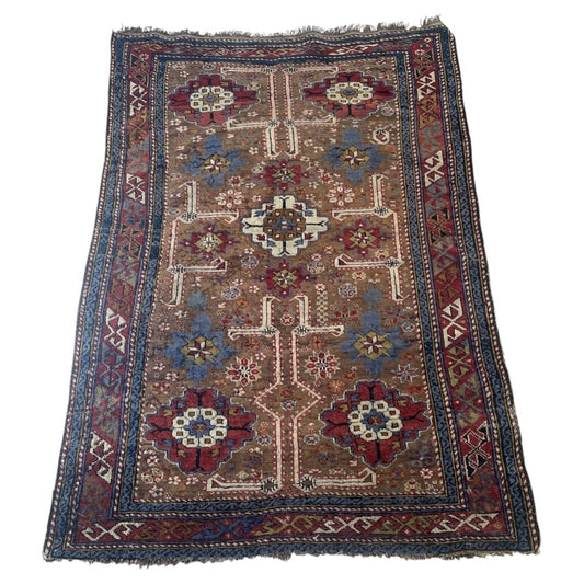 Antique Caucasian Kuba rug 1880s hand-knotted wool 4.1x5.3 ft full view with geometric medallions

