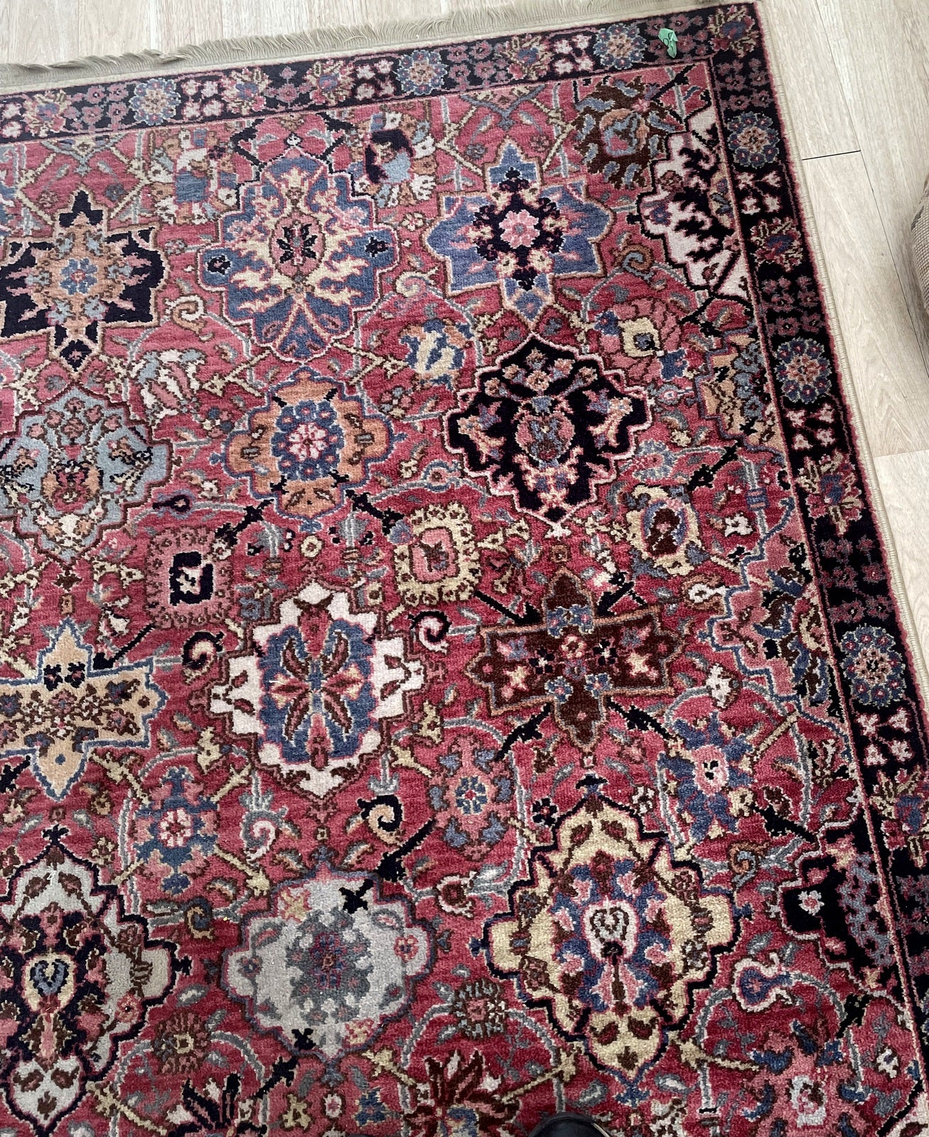 Vintage Karastan carpet circa 1960s with rose-madder ivory navy blue and teal color palette

