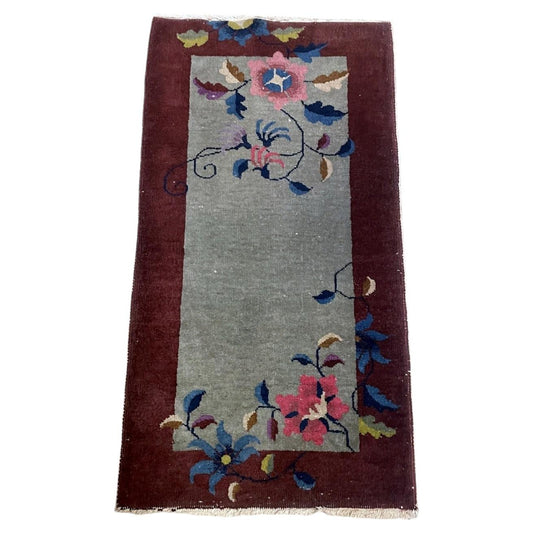 Antique Chinese Art Deco rug 1920s hand-knotted wool 2.1x4.1 ft full view with celadon green field

