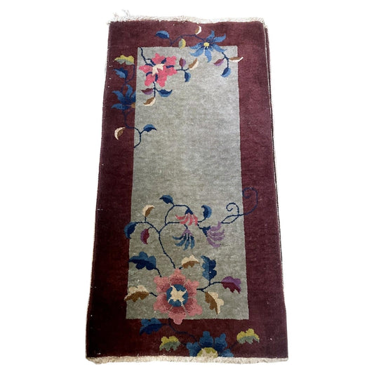 Antique Chinese Art Deco rug 1920s hand-knotted wool 2.1x4.1 ft full view with celadon green field

