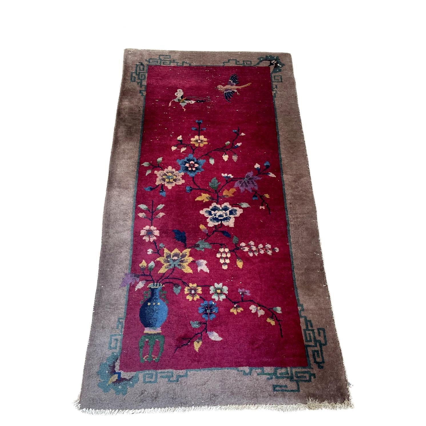 Antique Chinese Art Deco rug 1920s hand-knotted wool 2'10" x 5'10" full view with deep crimson magenta field

