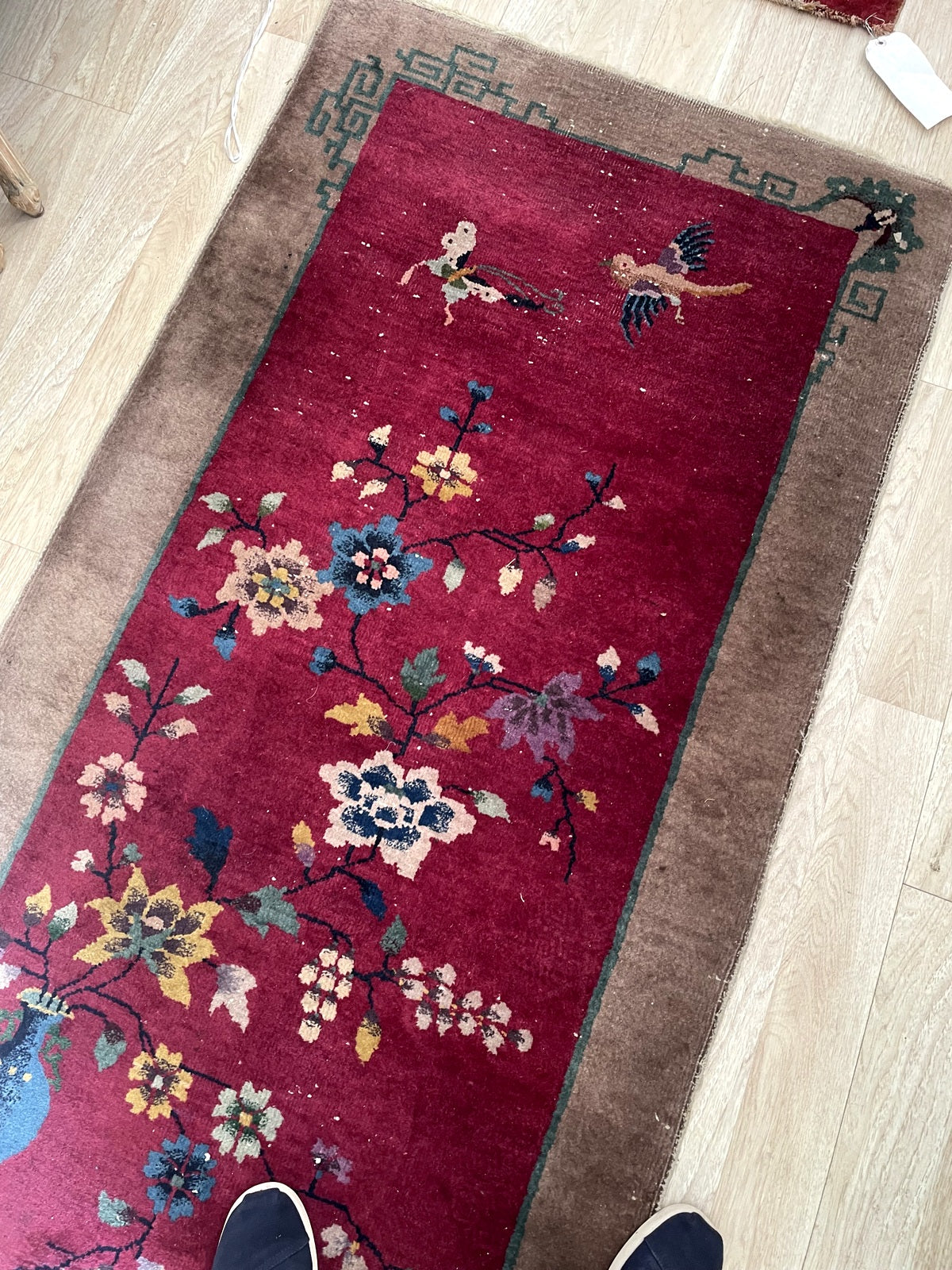 Handmade Chinese runner circa 1920s ideal for hallway bedside or sophisticated wall hanging in interior

