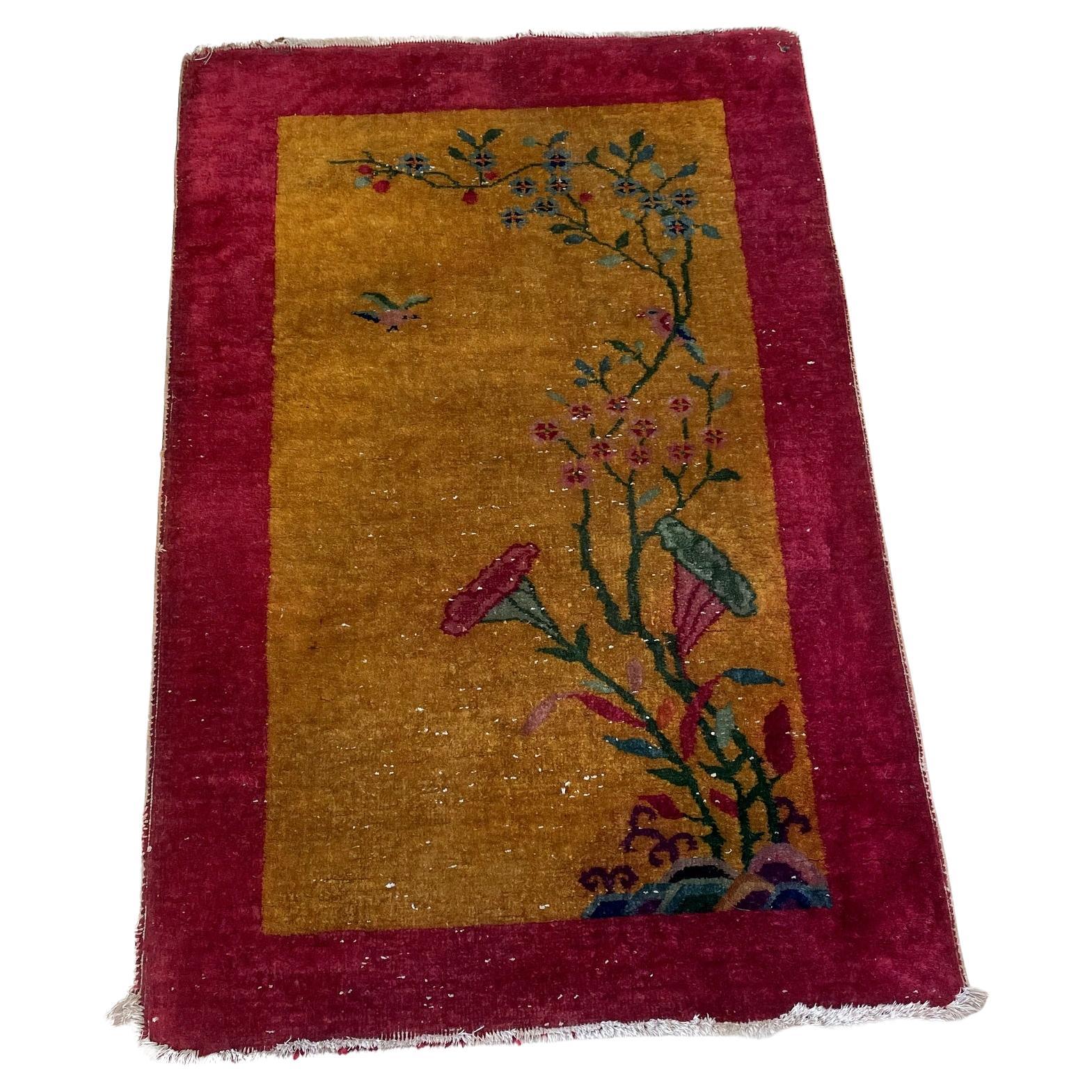 Antique Chinese Art Deco rug 1920s hand-knotted wool 2.7x4.3 ft full view with golden ochre field and crimson border

