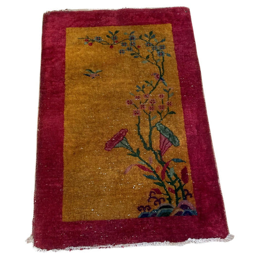 Antique Chinese Art Deco rug 1920s hand-knotted wool 2.7x4.3 ft full view with golden ochre field and crimson border

