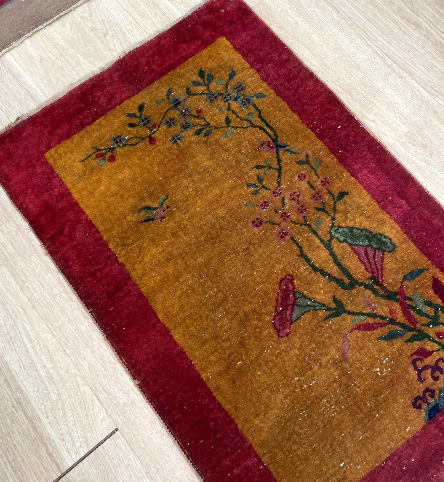 Vintage Chinese Tientsin rug with glowing golden-yellow field and rich crimson red border on floor

