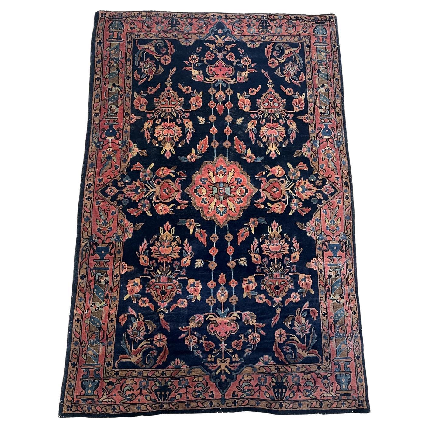 Antique Persian Sarouk Mahajiran rug 1900s hand-knotted wool 3.2x5.1 ft full view with midnight-blue field

