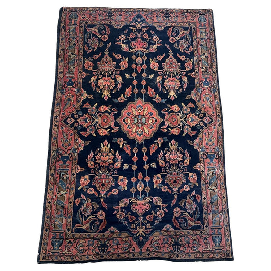 Antique Persian Sarouk Mahajiran rug 1900s hand-knotted wool 3.2x5.1 ft full view with midnight-blue field

