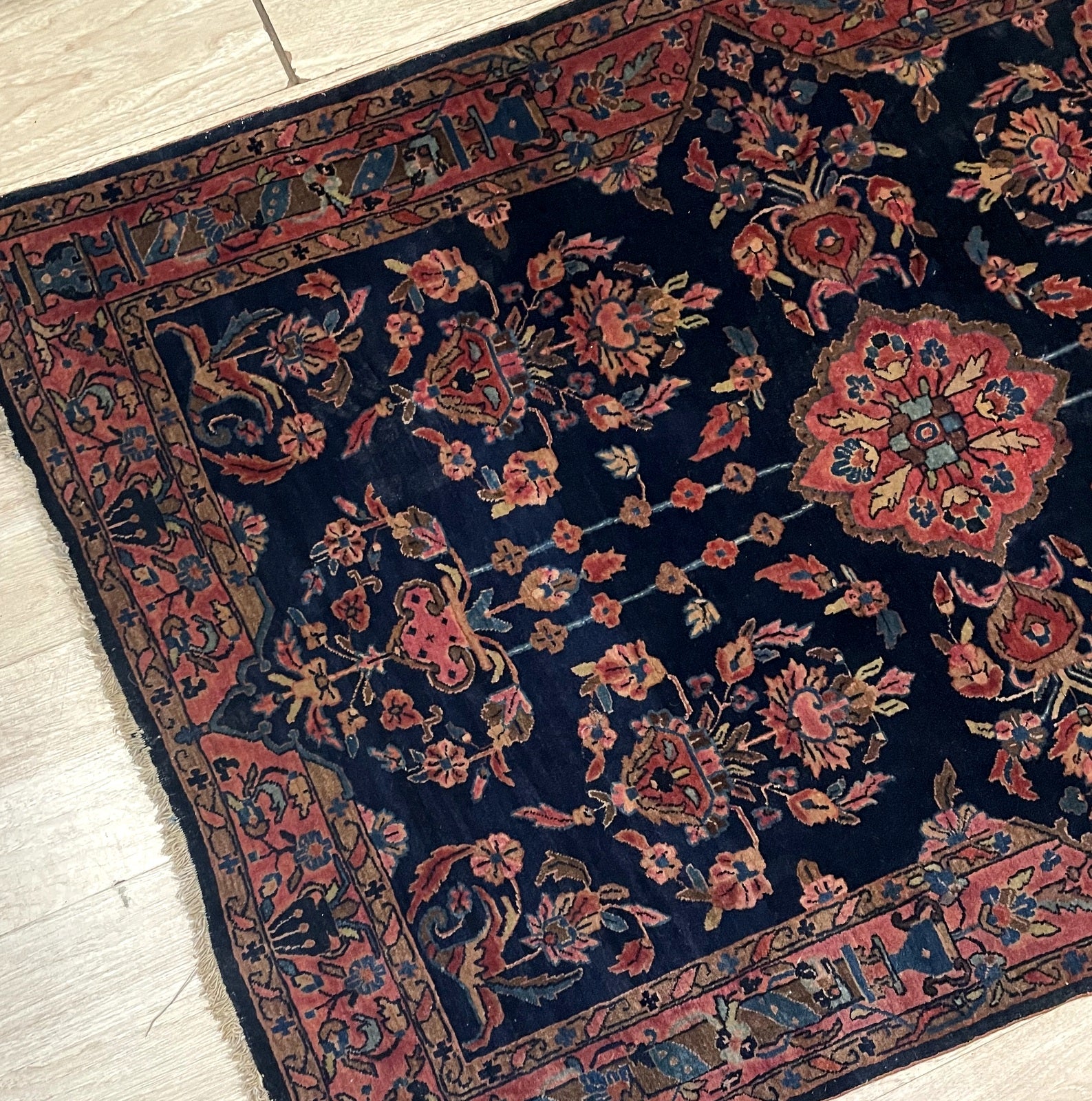 Antique Persian Sarouk rug texture and velvety lanoline-rich wool pile detail with beautiful natural sheen

