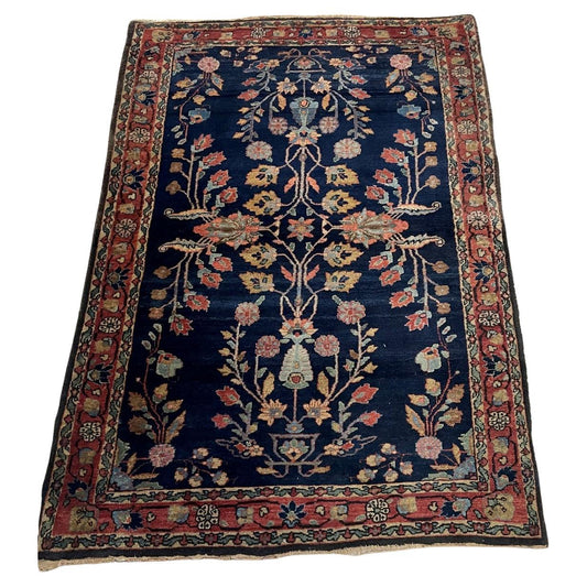 Antique Persian Sarouk Mahajiran rug 1900s hand-knotted wool 3.3x5.2 ft full view with midnight-blue ground

