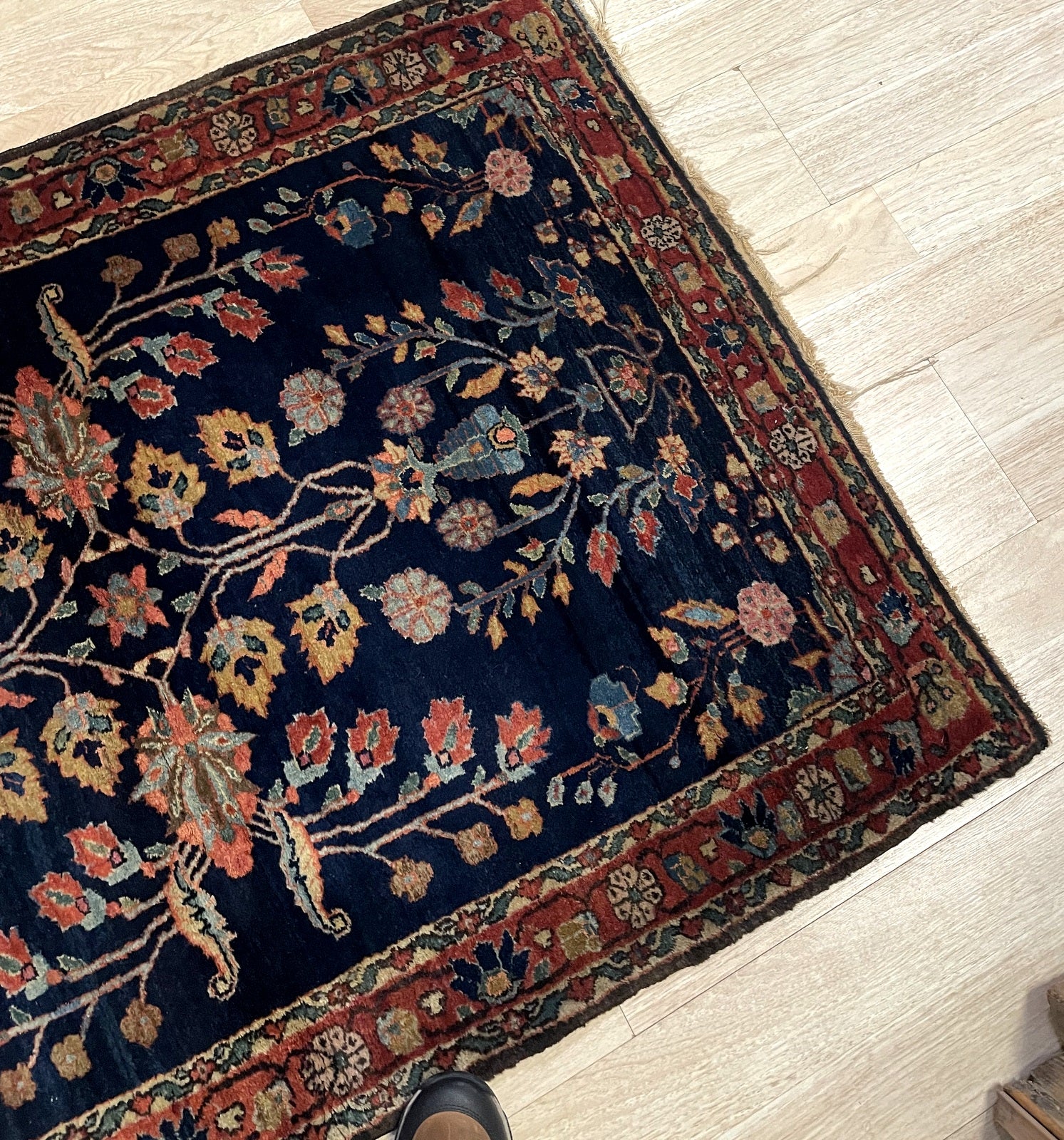 Handmade Mahajiran rug Sarouk region Persia circa 1900 with midnight blue dusty rose sage green and cream colors

