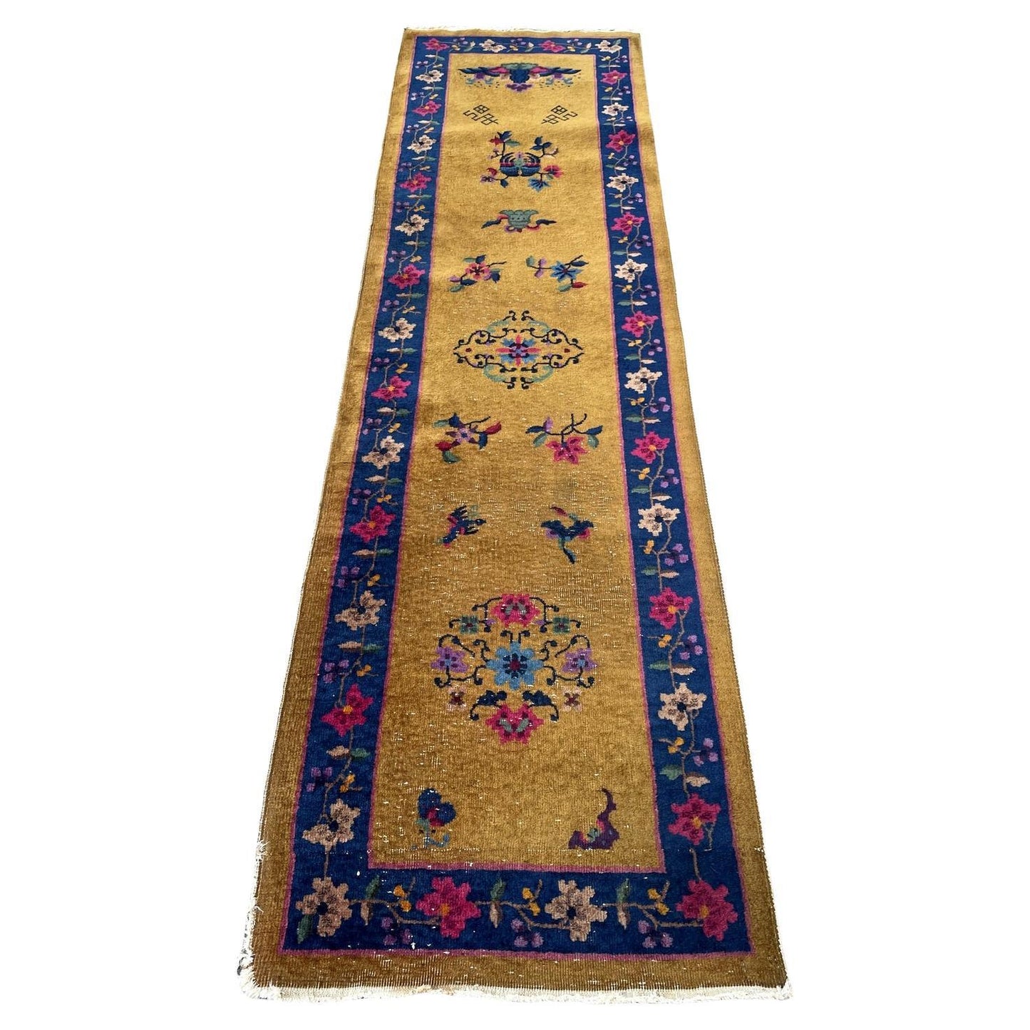 Antique Art Deco Chinese runner 1920s hand-knotted wool 2.6x8.10 ft full view with golden ochre field

