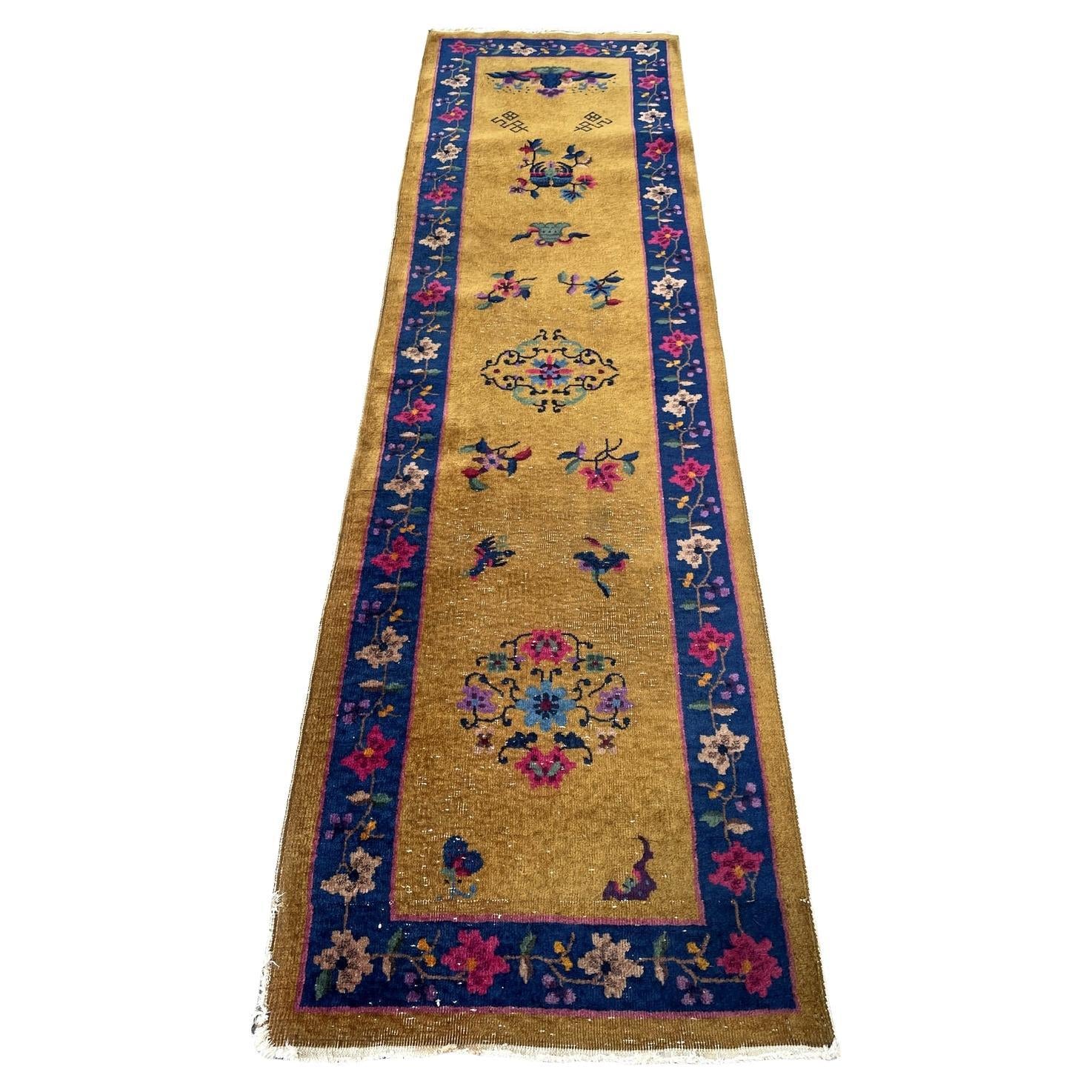 Antique Art Deco Chinese runner 1920s hand-knotted wool 2.6x8.10 ft full view with golden ochre field

