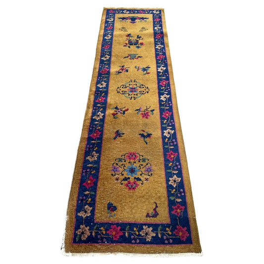 Antique Art Deco Chinese runner 1920s hand-knotted wool 2.6x8.10 ft full view with golden ochre field

