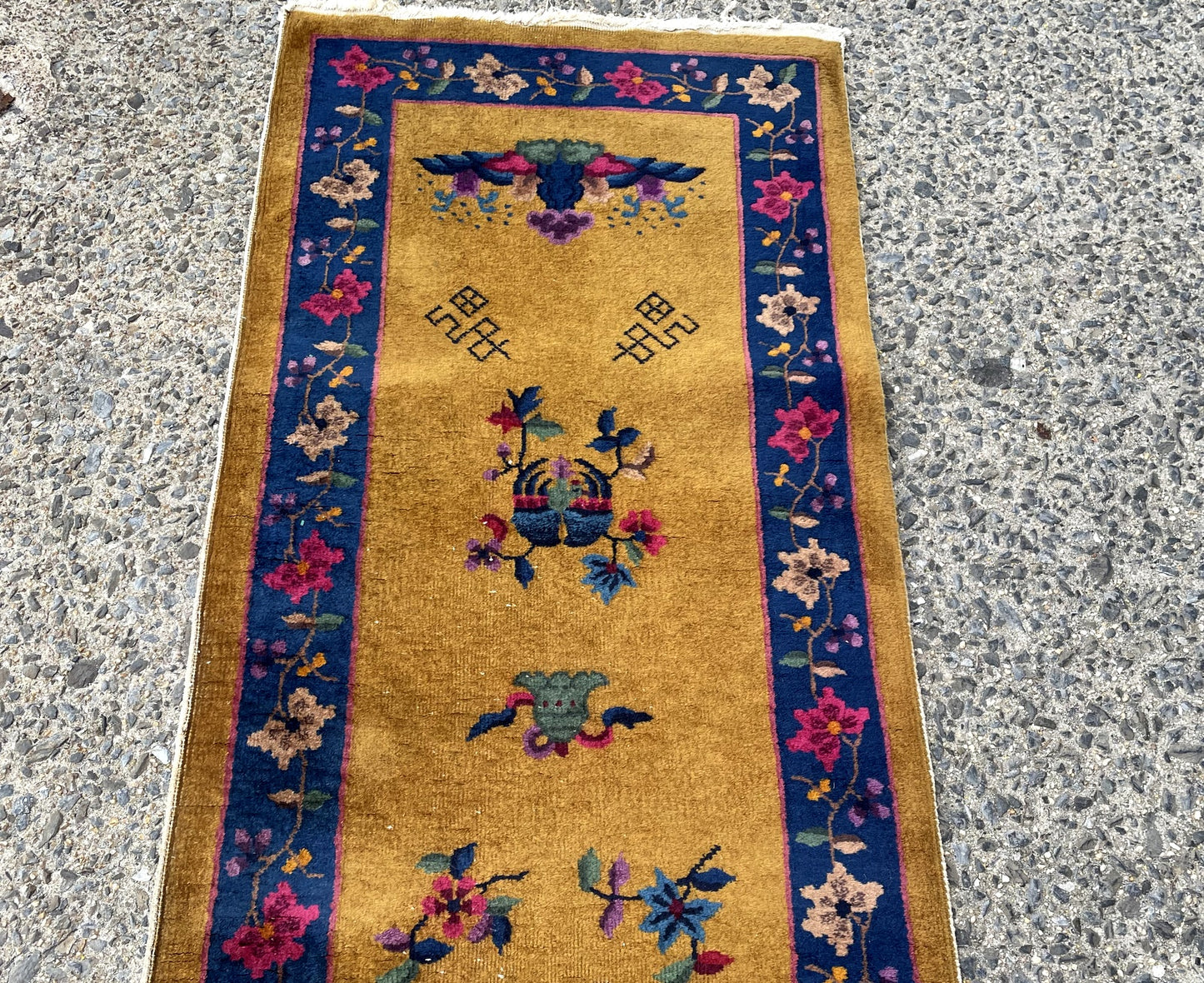Handmade Chinese runner circa 1920s with golden ochre indigo blue fuchsia and jade green colors

