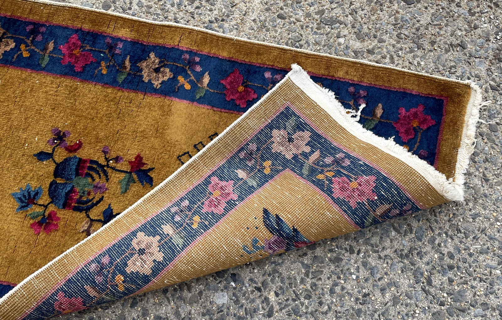 Antique Chinese Art Deco runner texture and heavy durable wool pile detail with authentic aged patina

