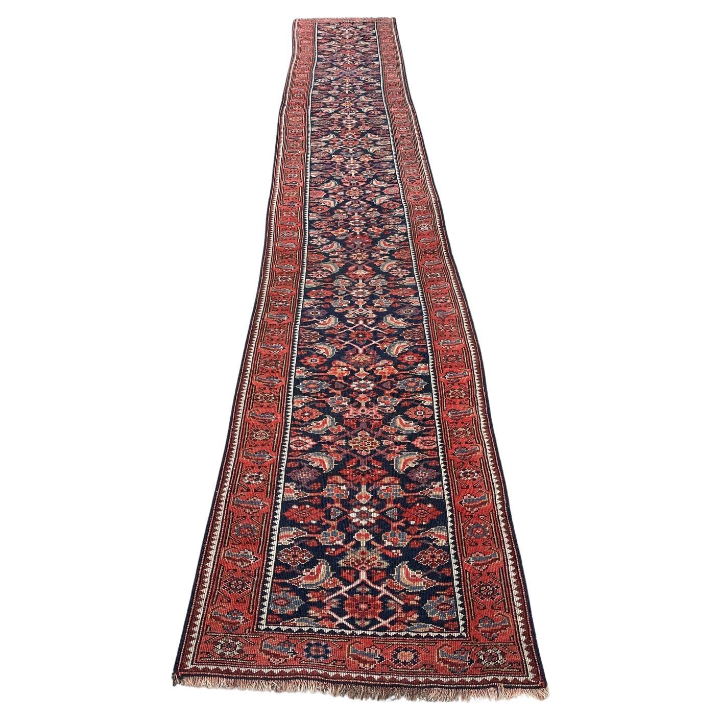 Extra-long antique Persian Kurdish runner early 1900s hand-spun wool 2.10x15.10 ft full view with geometric diamond lattice

