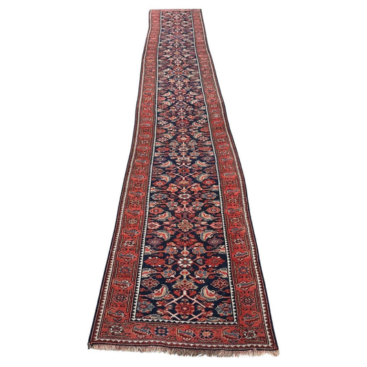 Extra-long antique Persian Kurdish runner early 1900s hand-spun wool 2.10x15.10 ft full view with geometric diamond lattice

