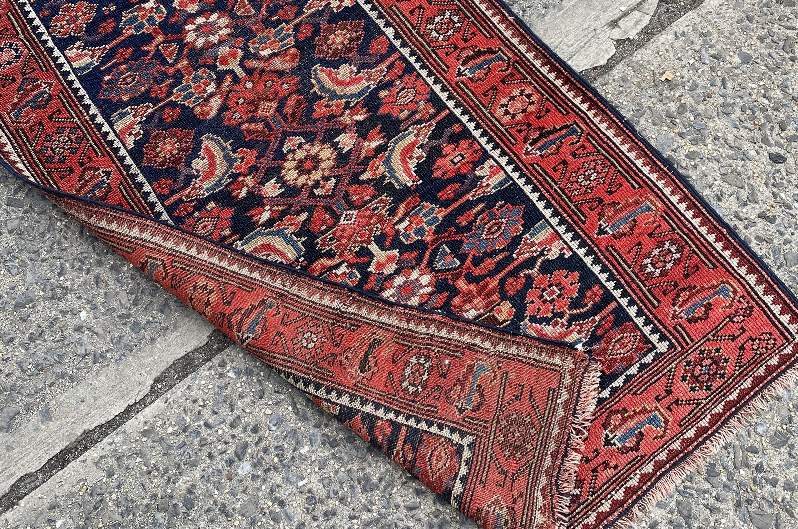 Antique Persian Kurdish runner texture and hand-spun wool pile detail with even wear and good coverage

