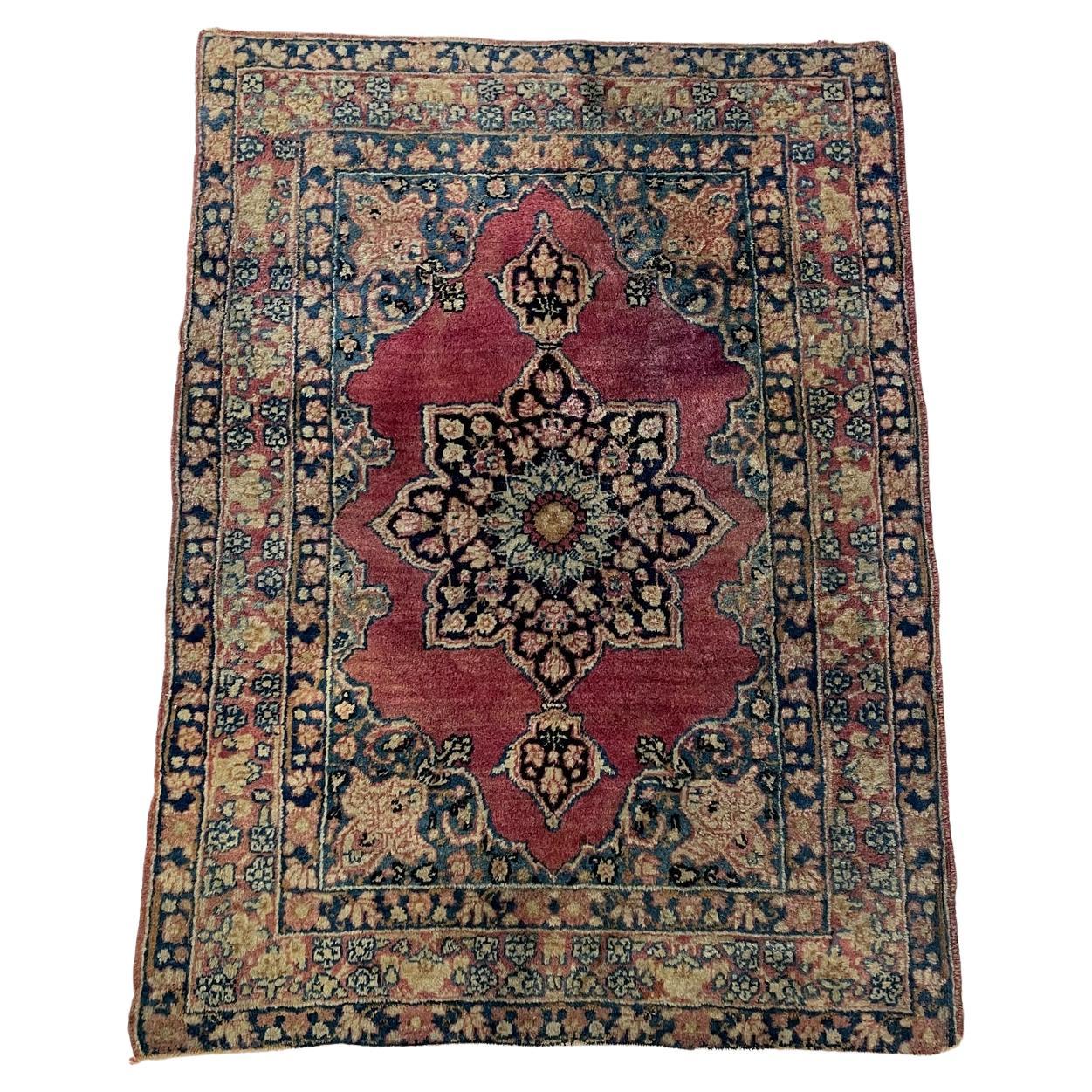 Antique Persian Kerman Lavar rug 1880s hand-knotted fine wool 2.1x3.2 ft full view with Ogee medallion on ivory field

