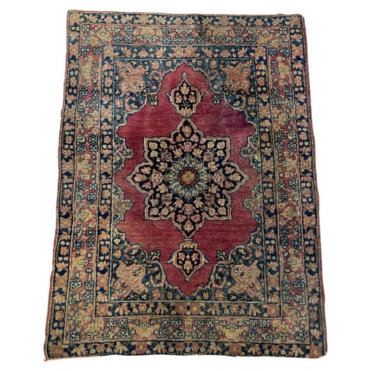 Antique Persian Kerman Lavar rug 1880s hand-knotted fine wool 2.1x3.2 ft full view with Ogee medallion on ivory field

