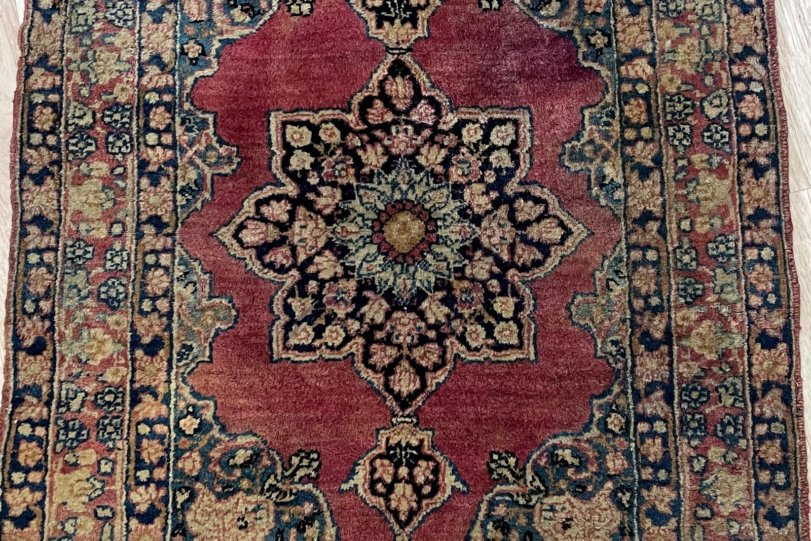 Handmade Lavar rug Kerman Persia circa 1880-1890 with dusty rose soft sage muted gold and indigo colors


