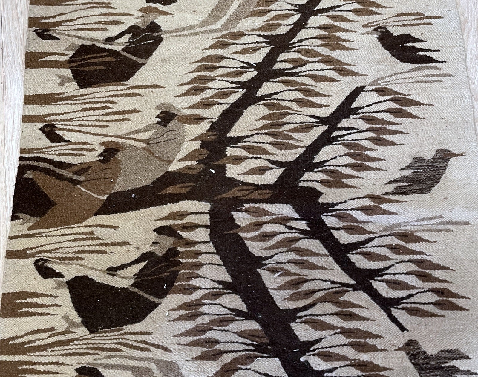 Handwoven Mexican rug circa 1940s with natural charcoal heathered grey and ivory color palette

