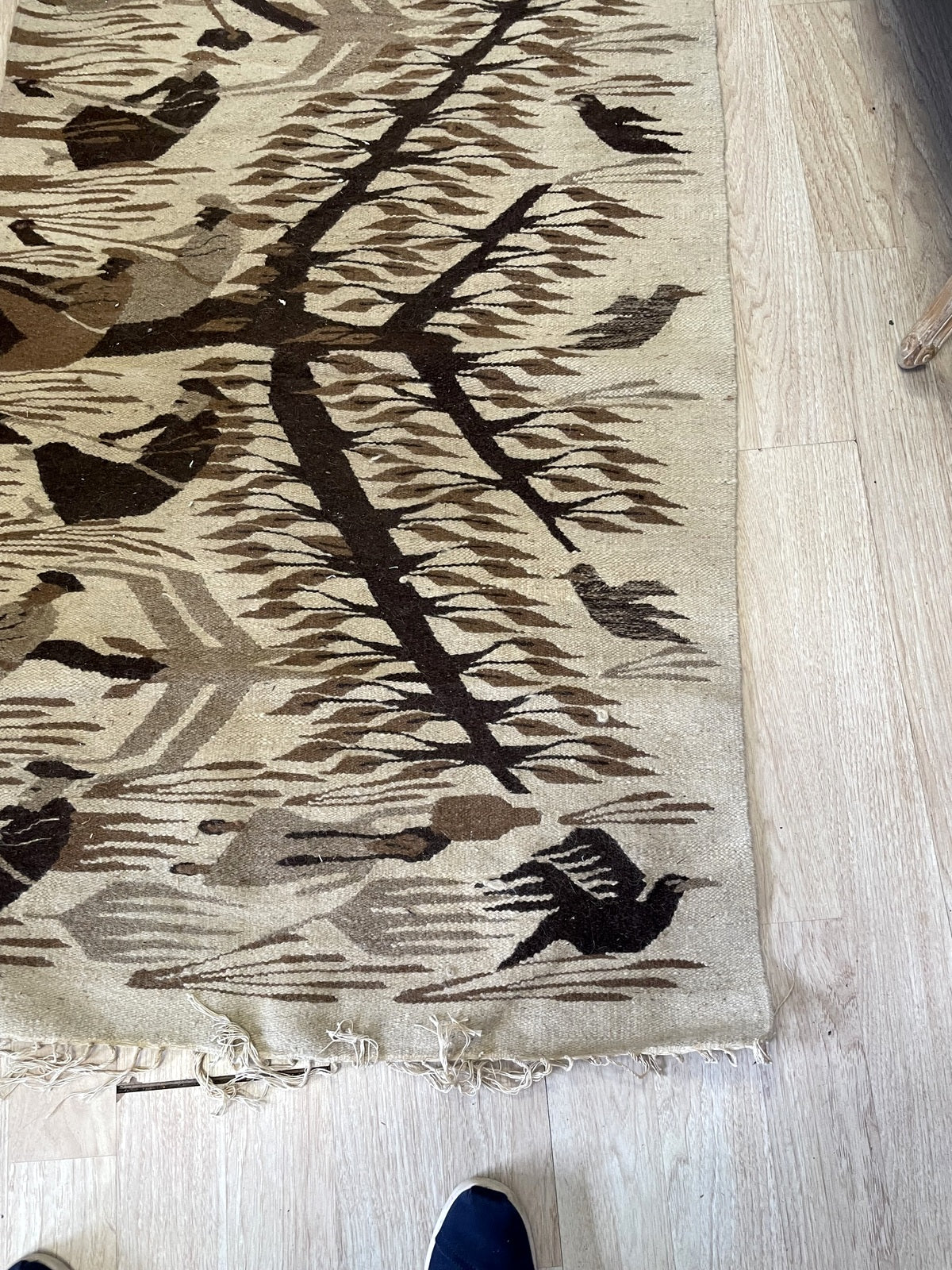 Zapotec Kilim texture and hand-spun wool detail with beautiful soft patina from eight decades of age

