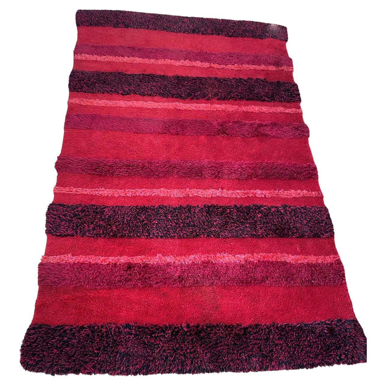 Vintage Swedish Rya rug 1950s hand-knotted long pile wool 3.7x5.9 ft full view with abstract earth-tone composition

