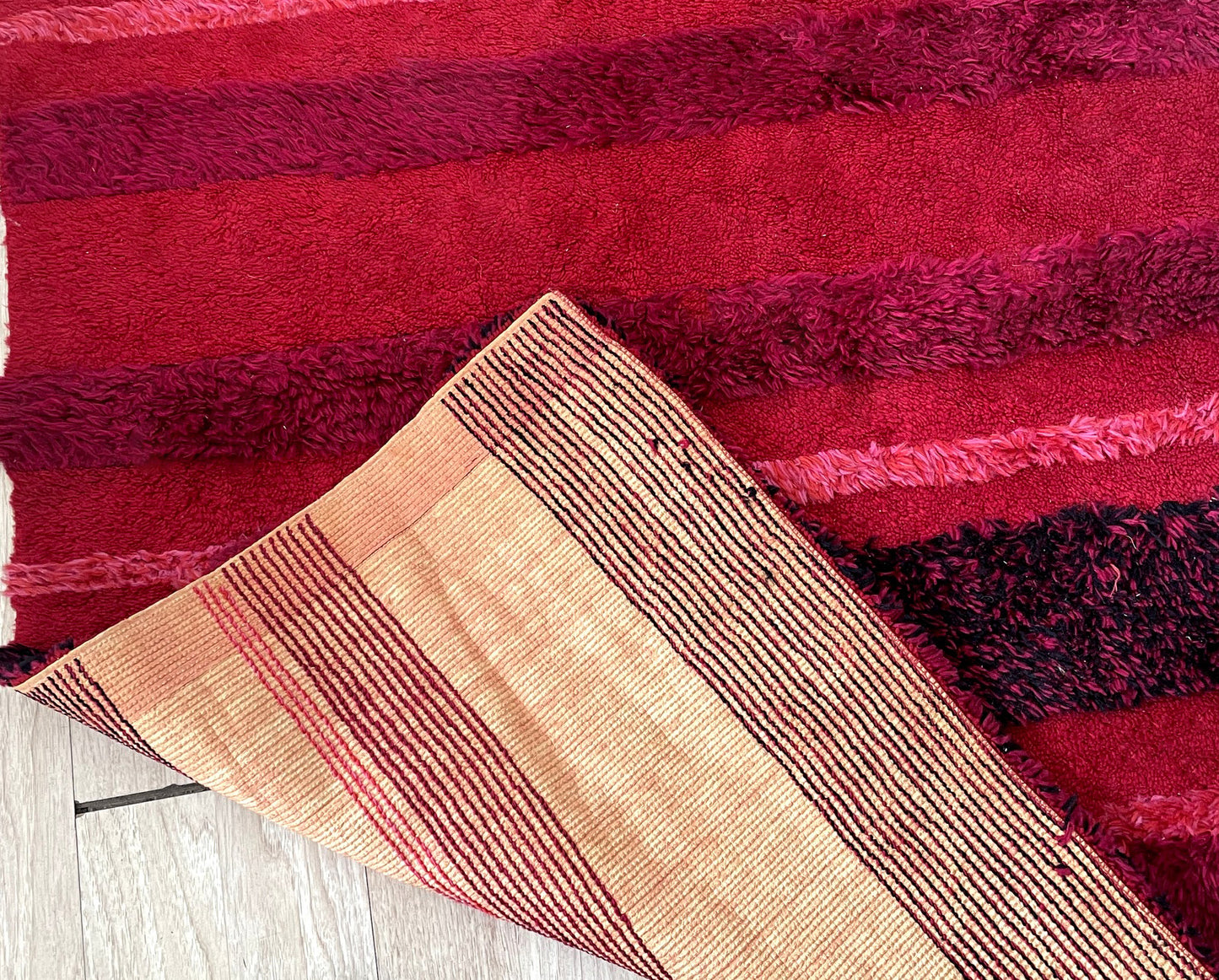 Handmade Swedish Rya circa 1950s with dark espresso chocolate walnut and tan monochromatic palette

