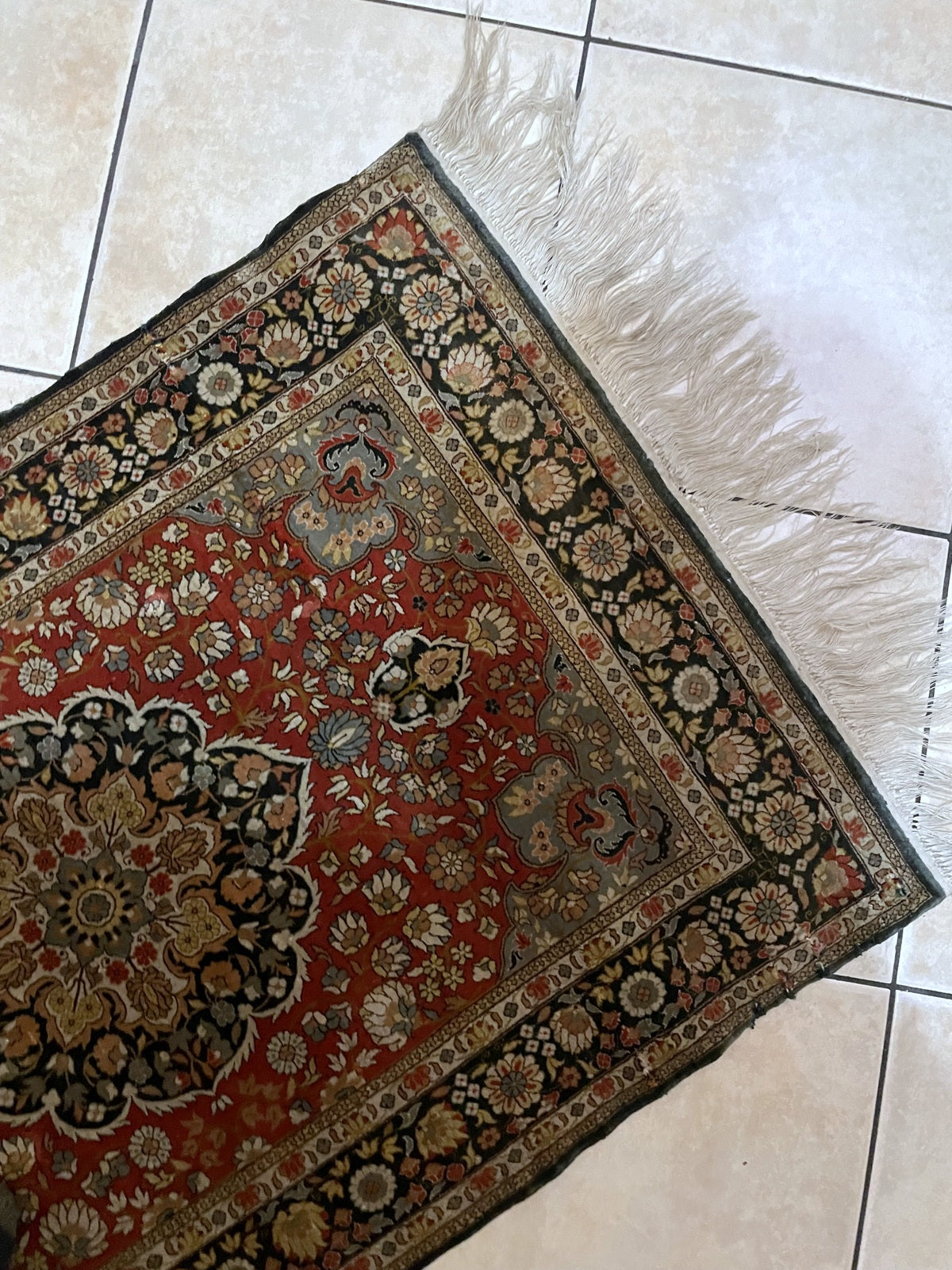 Hand-knotted Indian silk rug circa 1970s with deep crimson red ivory and navy blue color palette

