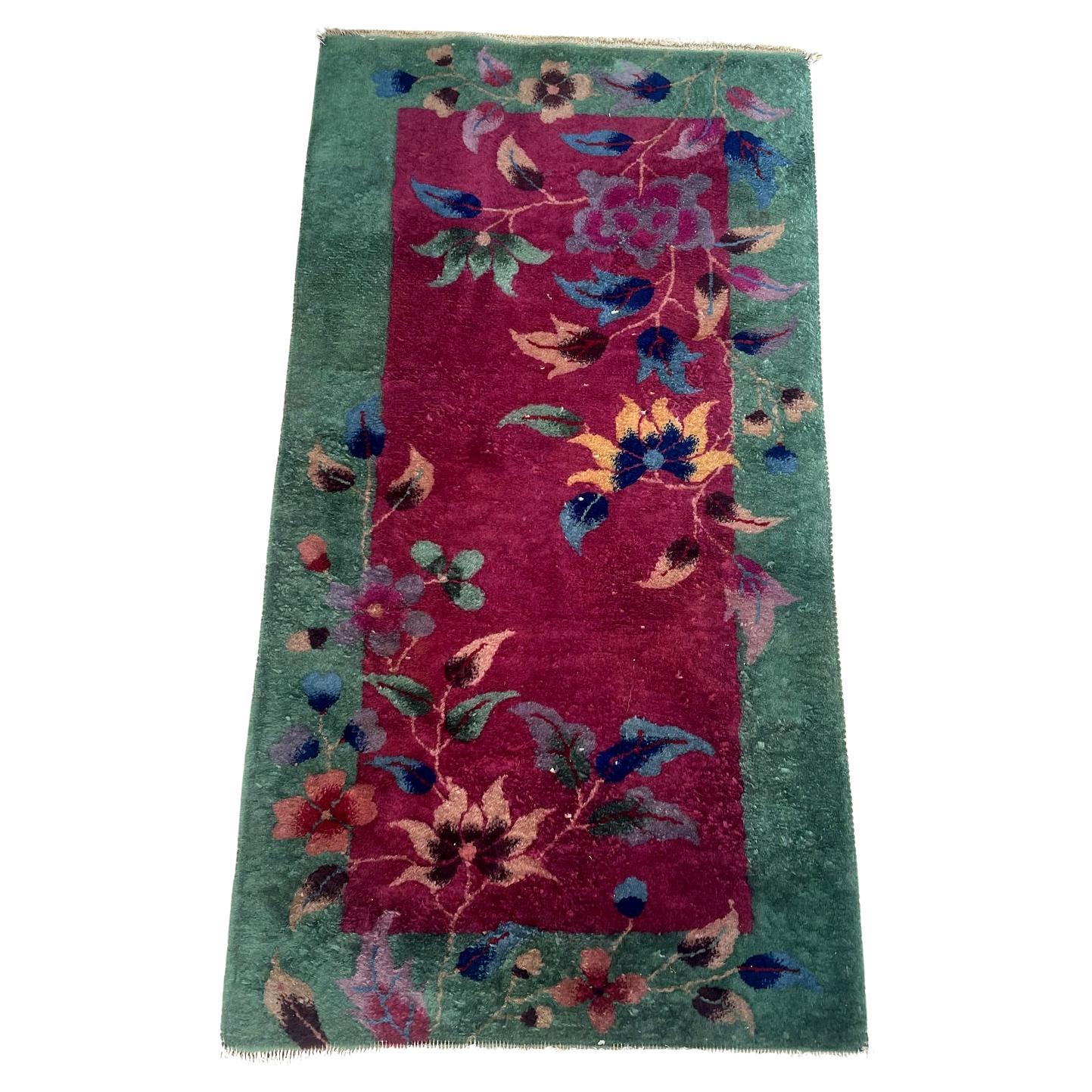 Antique Chinese Art Deco rug 1920s hand-spun wool 2.1x4.2 ft full view with vibrant royal purple field and corner floral sprays

