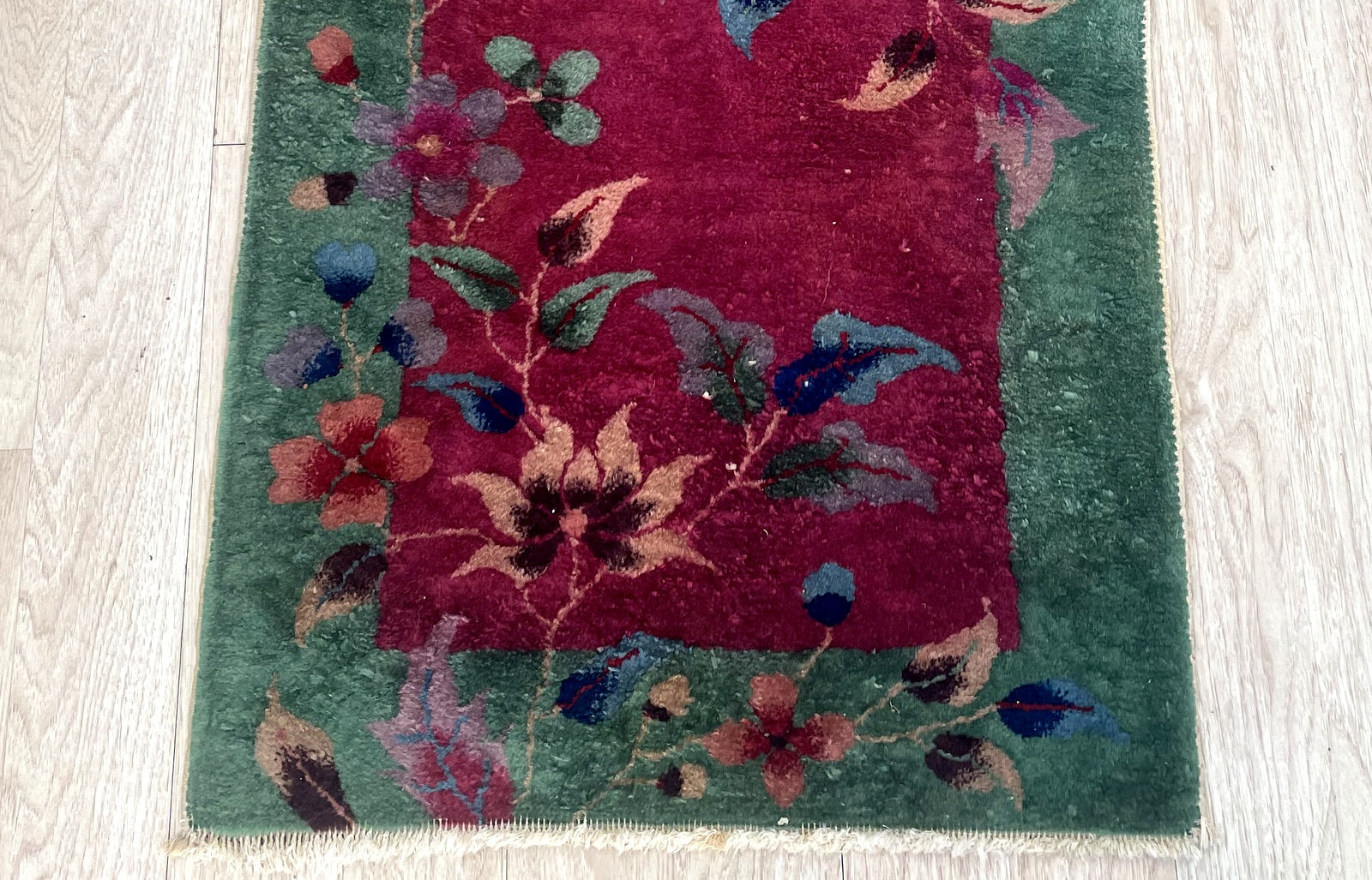 Antique Chinese Art Deco rug texture and thick soft wool pile detail with original plush feel and vibrant colors

