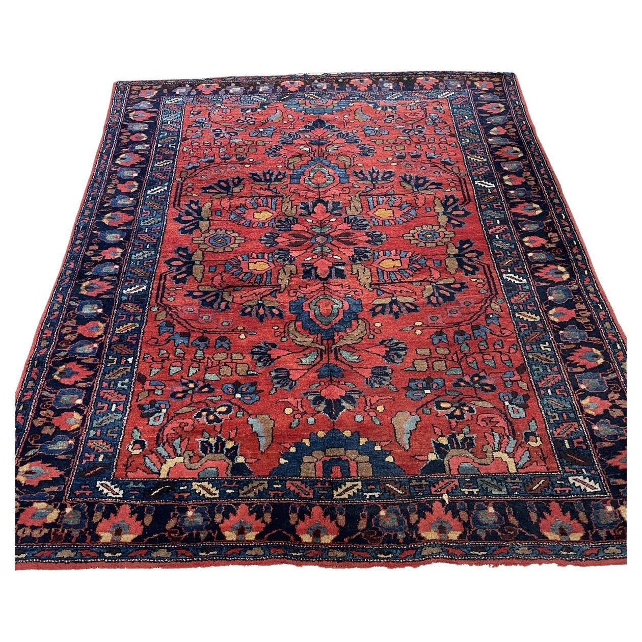 Antique Persian Lilihan rug 1910s hand-knotted wool 5.7x6.8 ft full view with signature salmon-rose field and floral medallion

