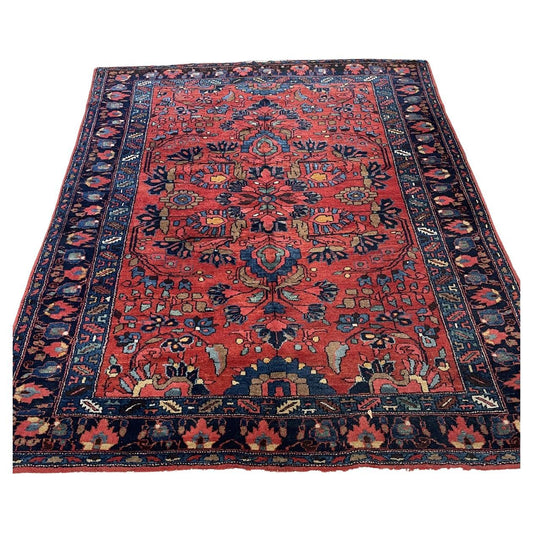 Antique Persian Lilihan rug 1910s hand-knotted wool 5.7x6.8 ft full view with signature salmon-rose field and floral medallion

