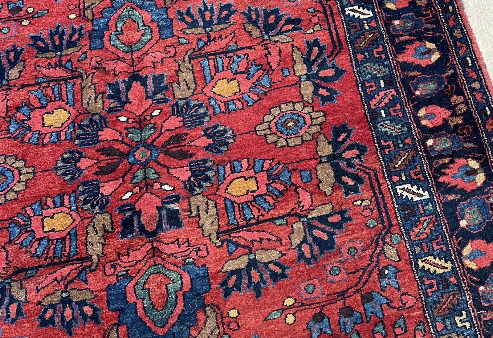 Antique Persian Lilihan rug texture and soft wool pile detail with beautiful lustrous patina and even low-pile feel

