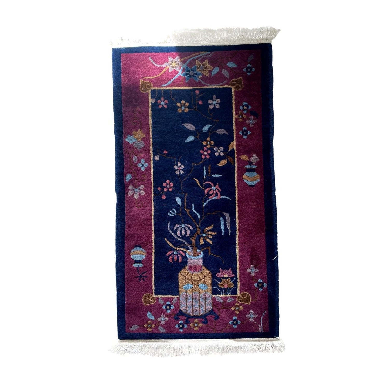 Antique Chinese Art Deco rug 1920s hand-knotted wool 2.1x4.3 ft full view with asymmetrical vining floral design on deep eggplant field


